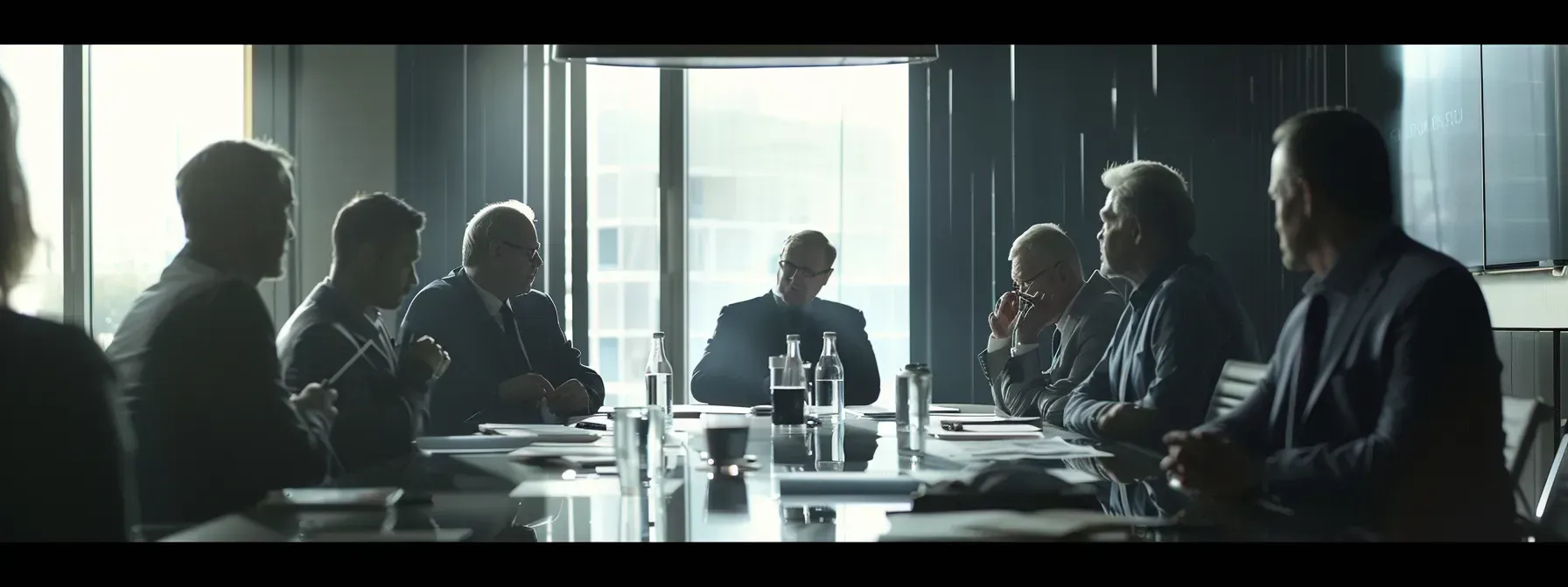 A group of people are sitting around a long table having a meeting.