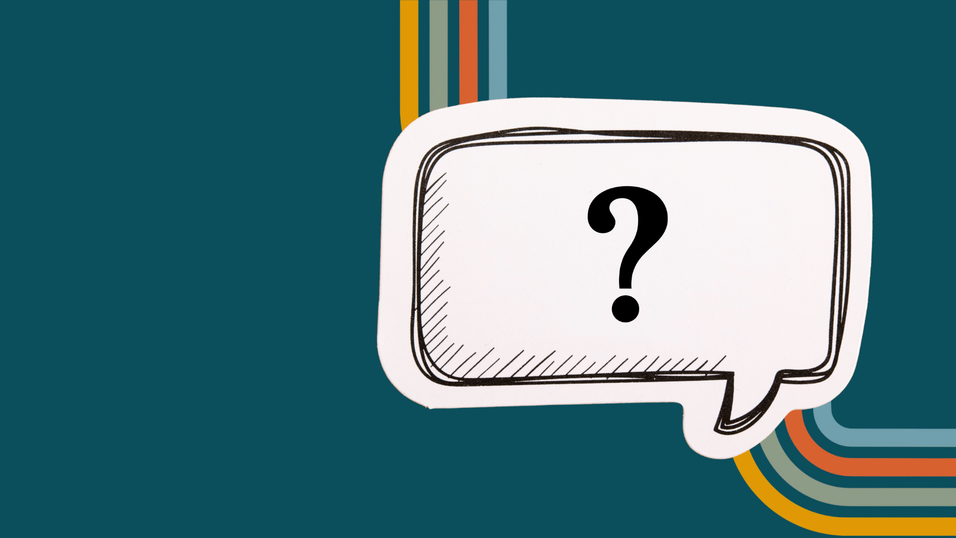 A speech bubble with a question mark inside of it on a blue background.