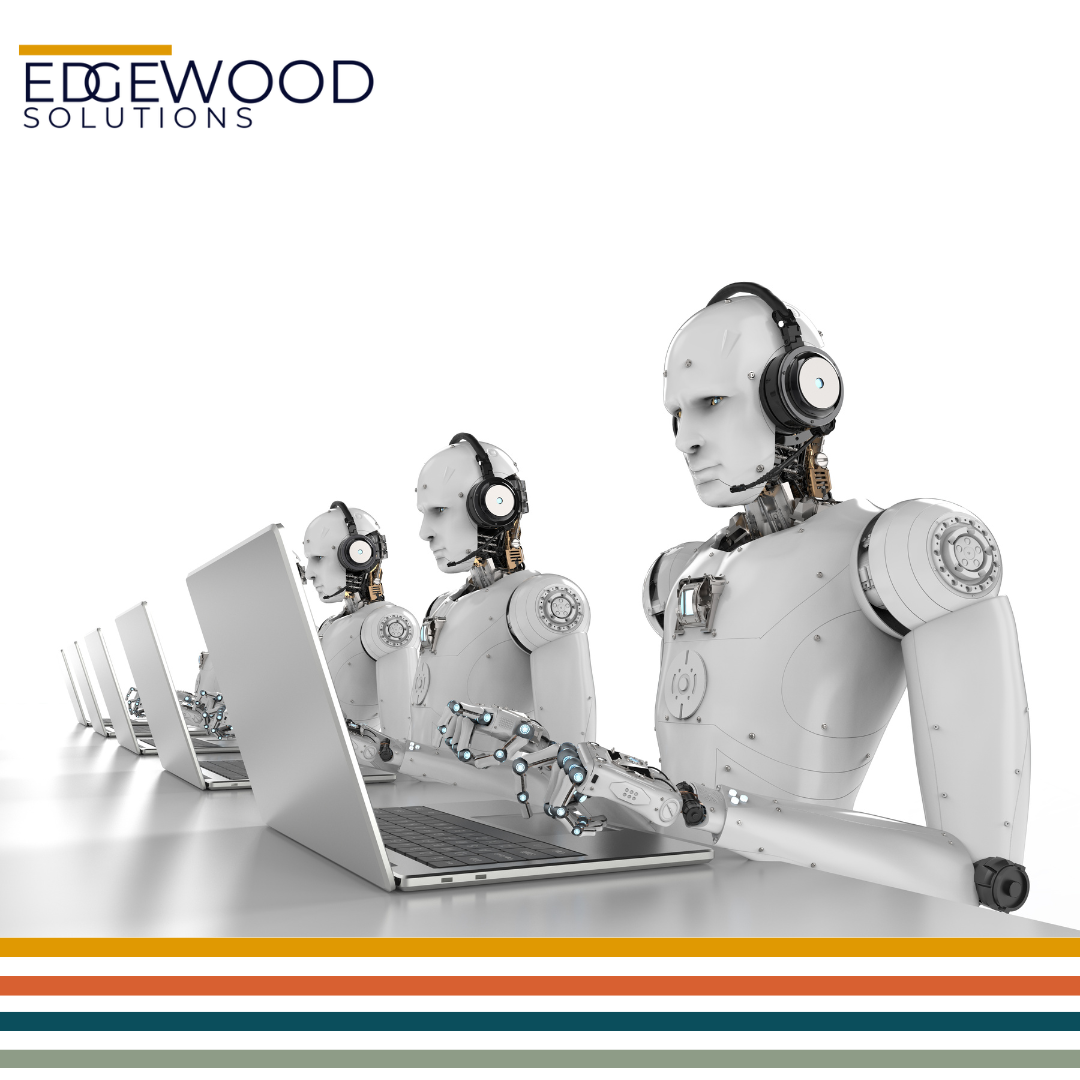 A cartoon robot emerging from a laptop screen, holding a lightbulb, with hands typing and reaching.