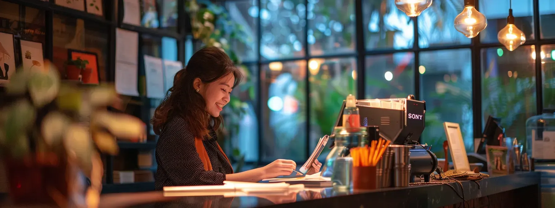 A woman is sitting at a counter in a restaurant using a laptop computer.