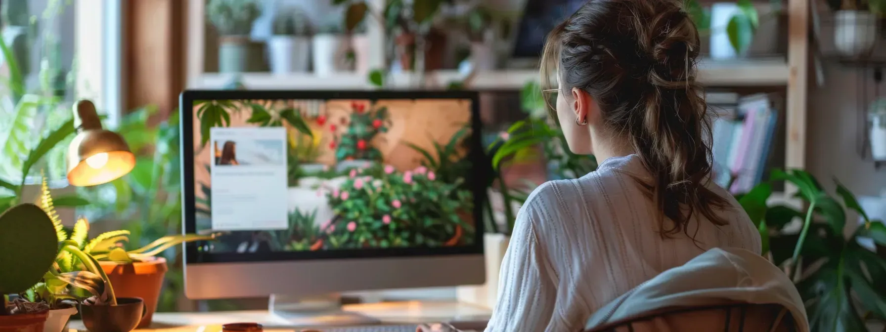 A woman is sitting at a desk in front of a computer surrounded by potted plants.