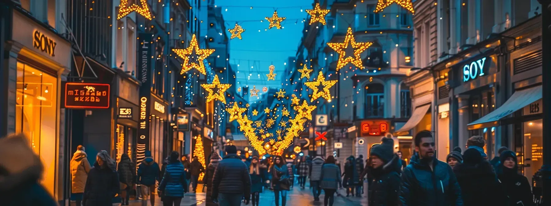 A crowd of people are walking down a street decorated with Christmas lights.