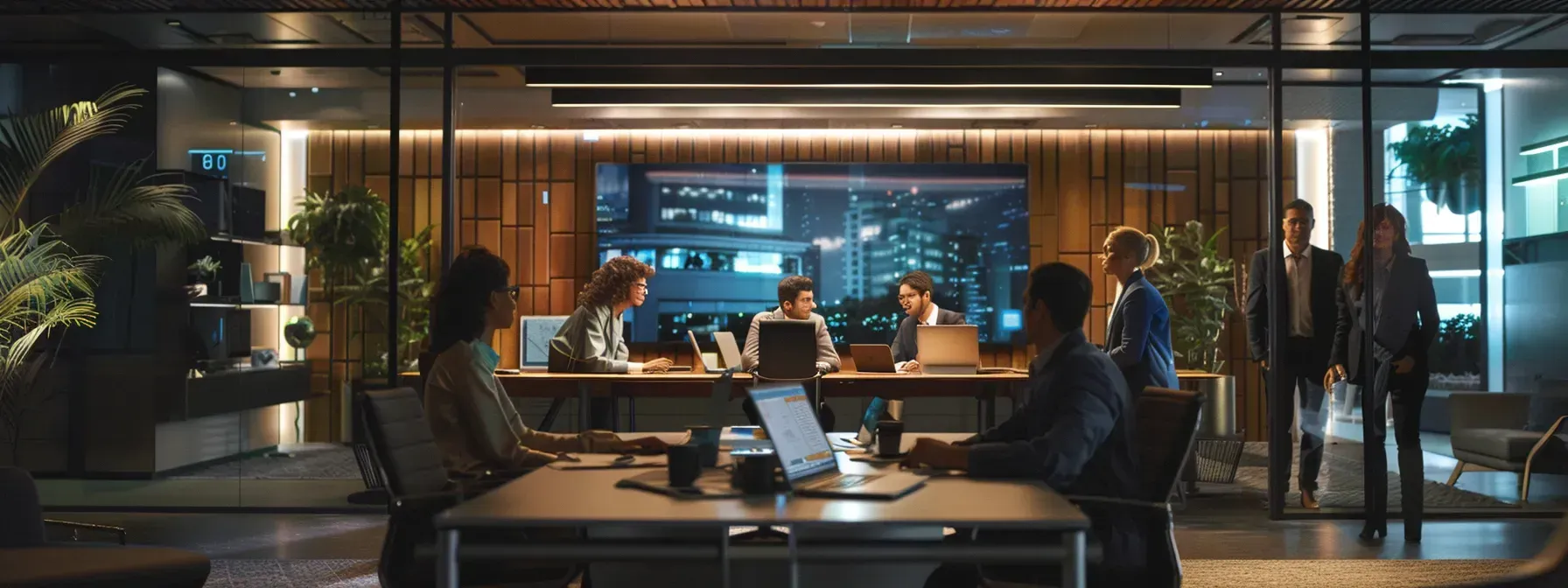 A group of people are sitting at tables in a conference room with laptops.