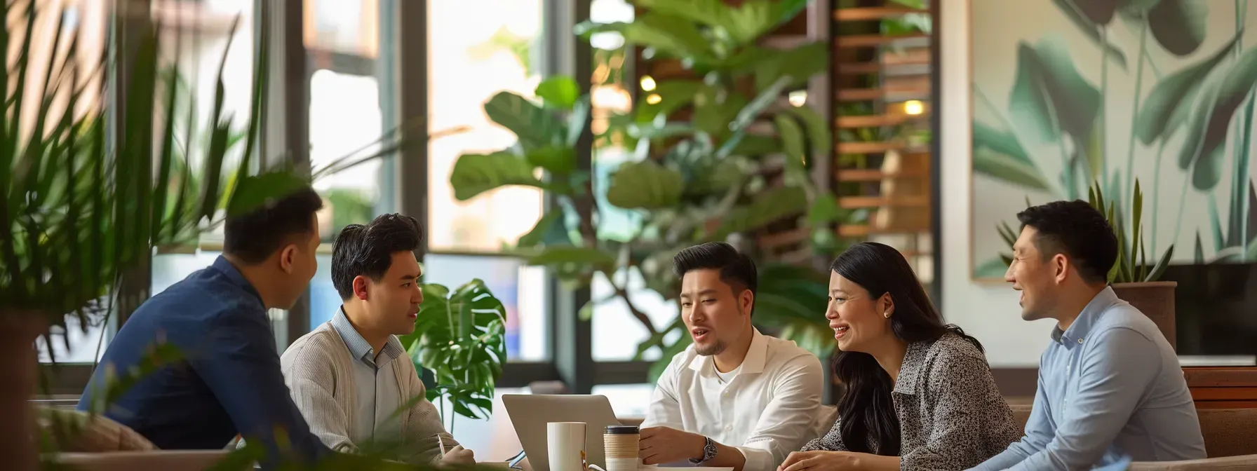 A group of people are sitting around a table having a meeting.