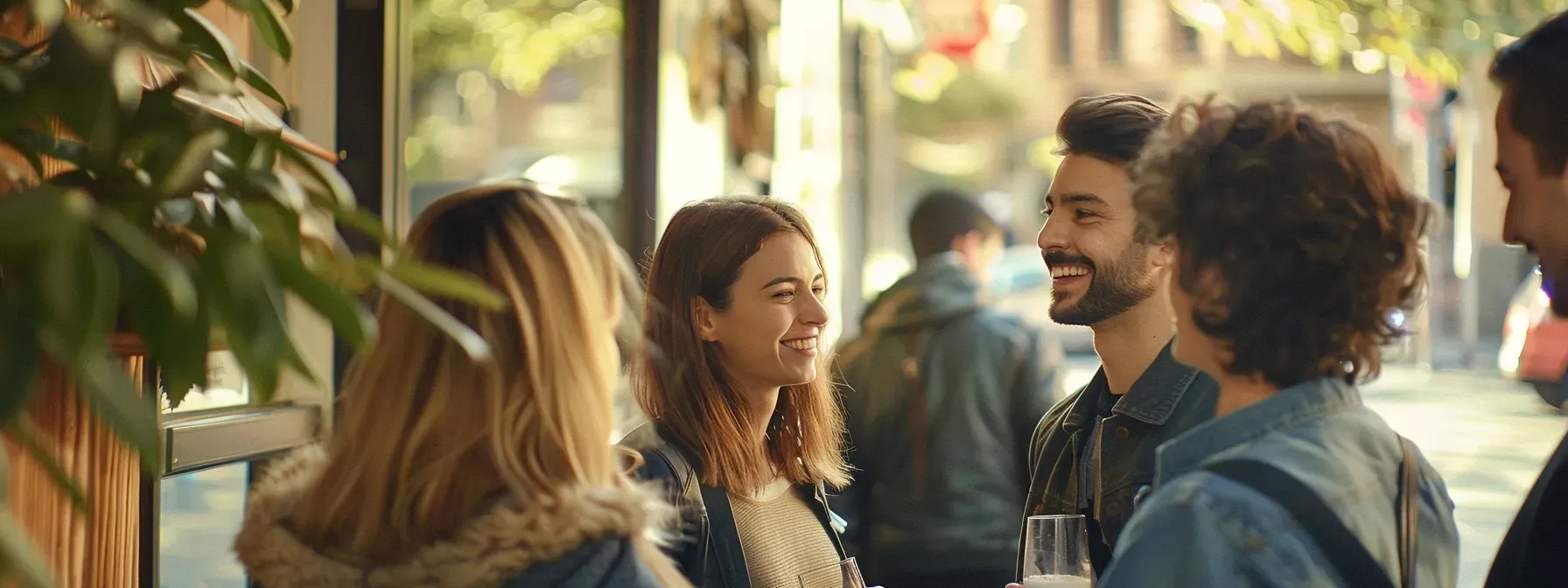 A group of people are standing around a table talking to each other.