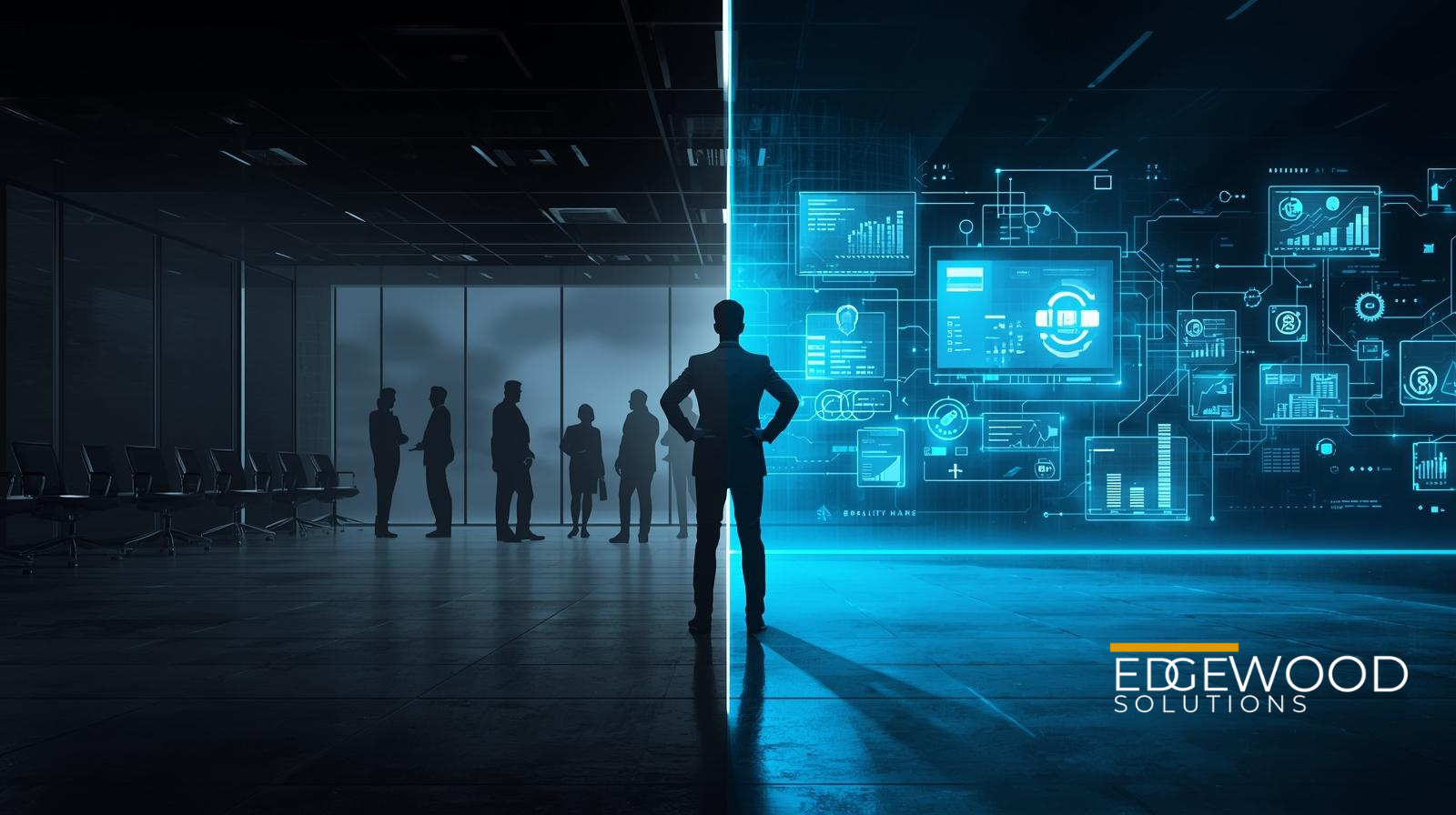 Silhouette of a man facing digital interface, group in a boardroom. Blue and dark tones with