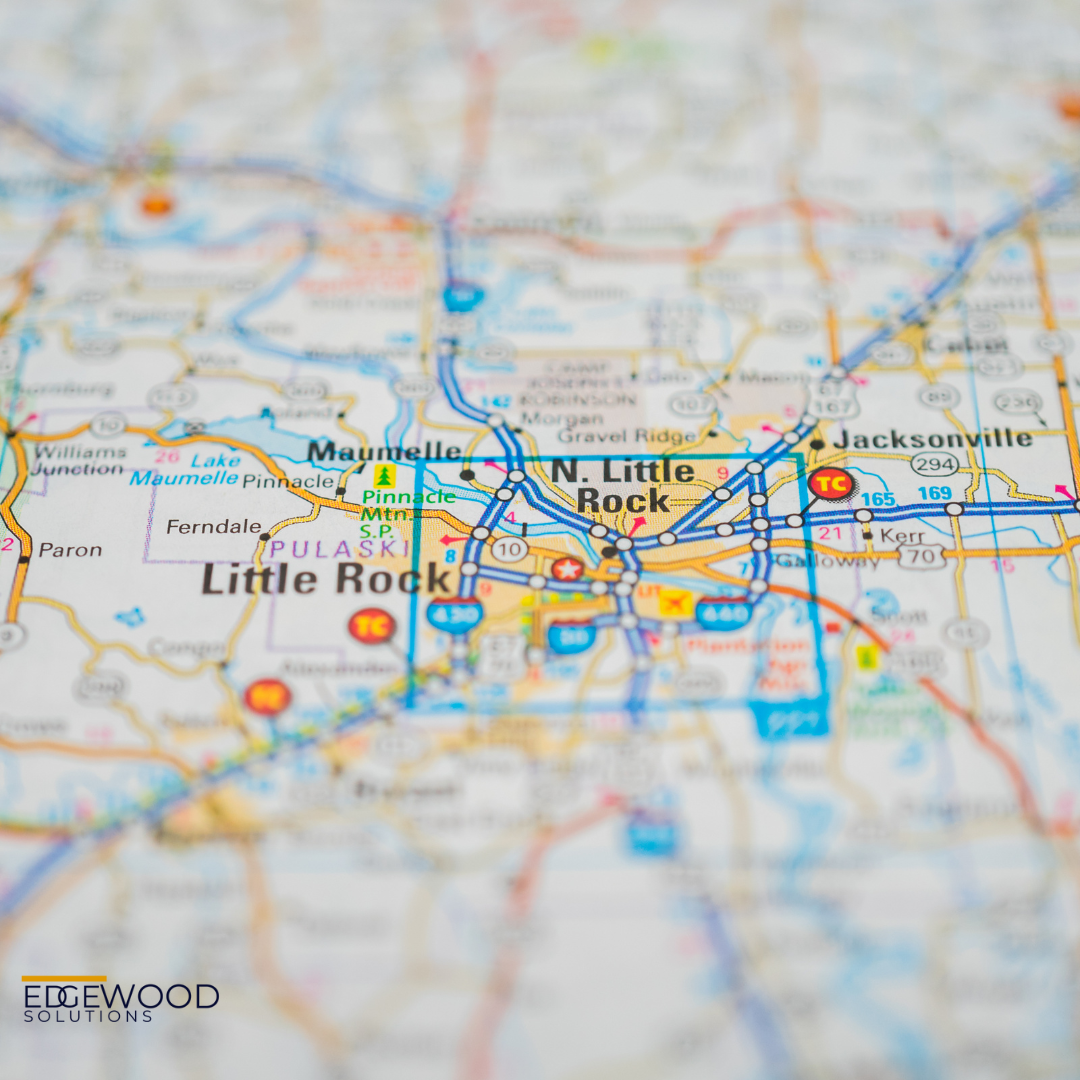 A close up of a map showing the location of little rock , arkansas.