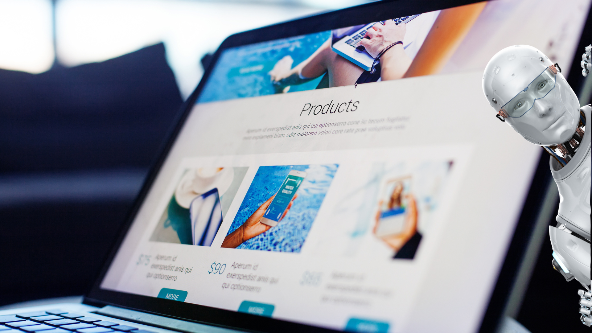 Robot peering at a laptop displaying a website with products; blue and white color scheme.