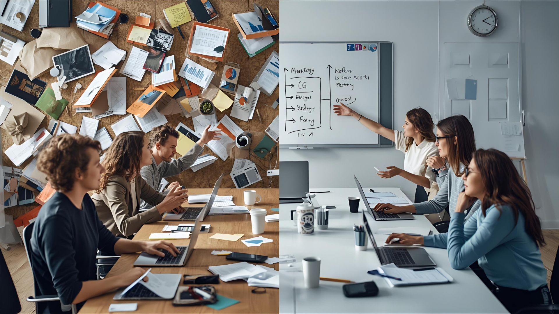 Two office scenes: One chaotic, one organized. People working at desks, brainstorming or presenting.