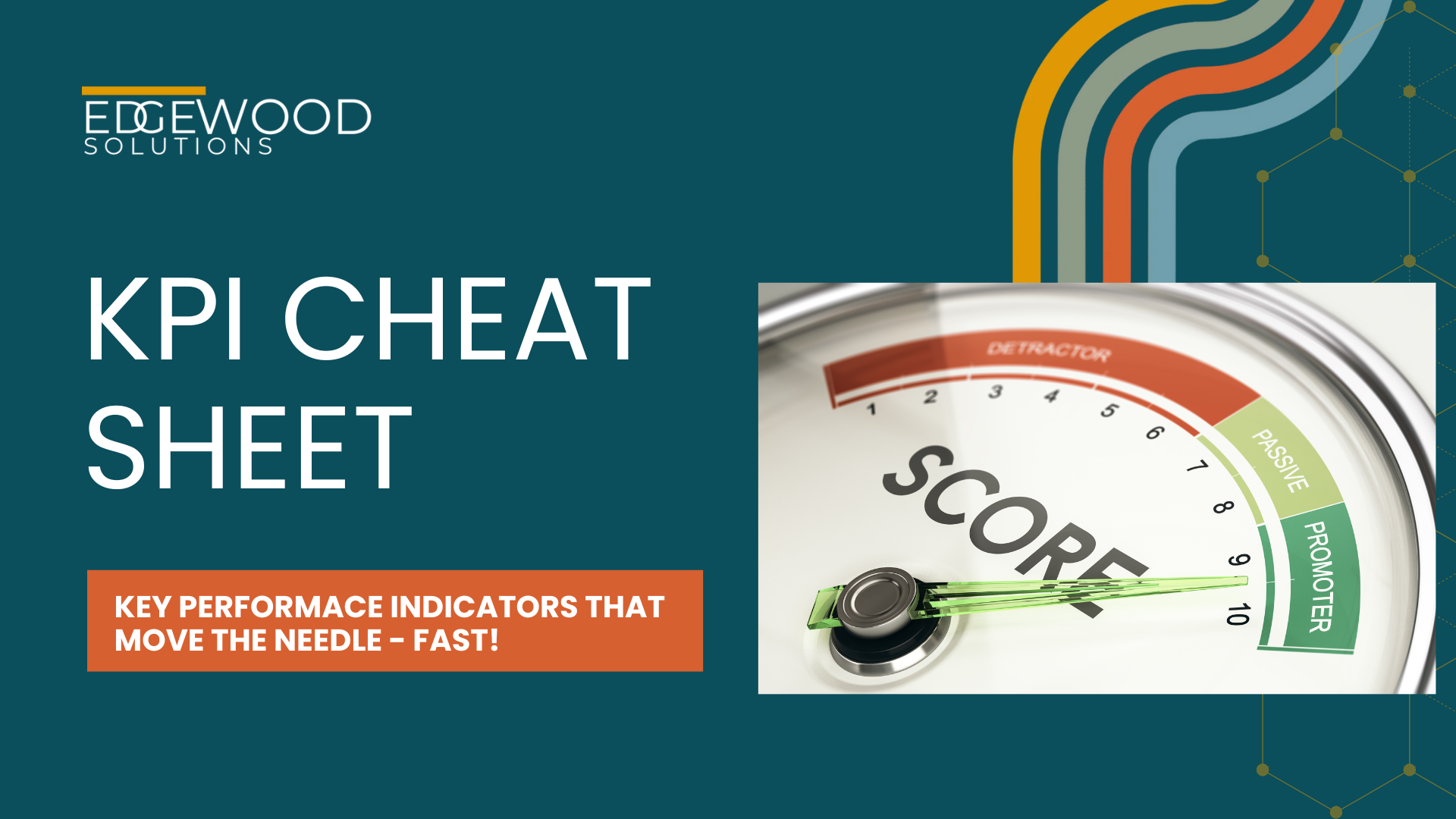 KPI cheat sheet graphic with a speedometer-style gauge.