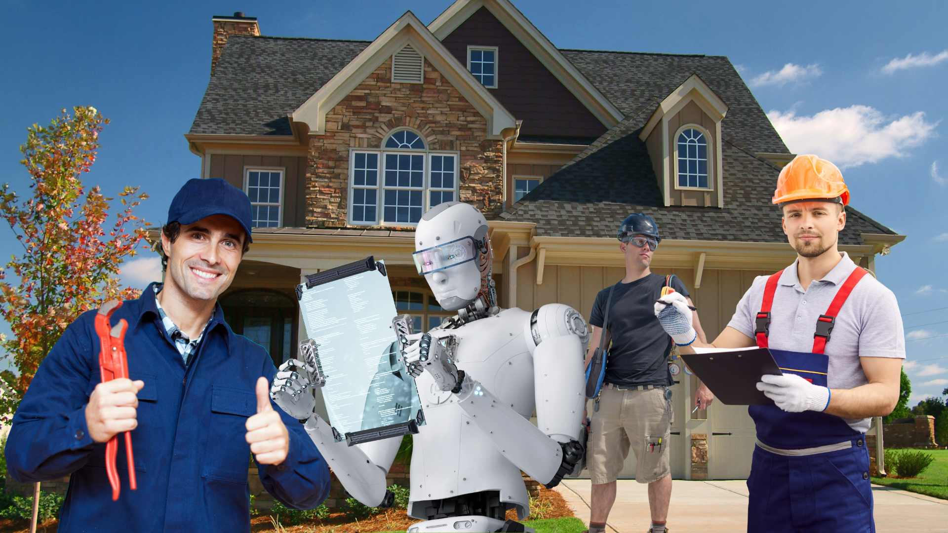 A robot and three workers stand in front of a house; robot holds a tablet; all smiling.