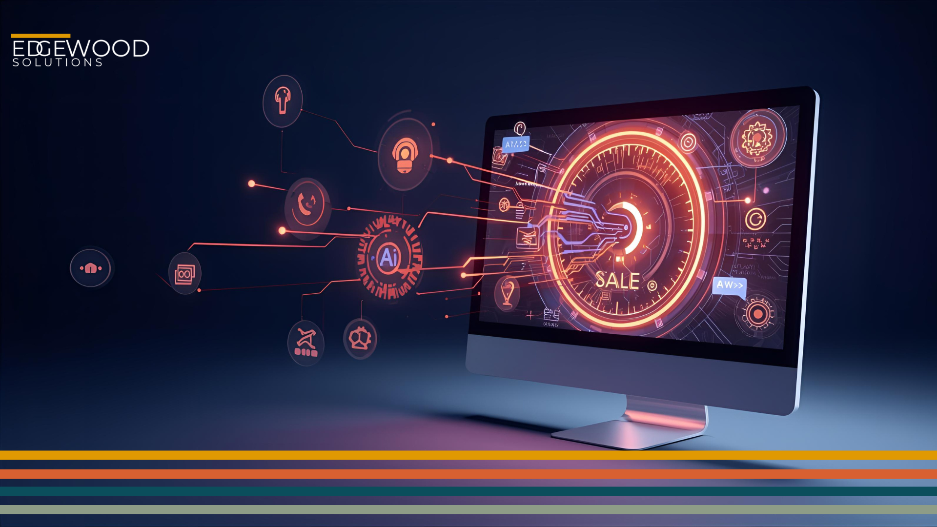 Computer screen with glowing orange data visualization elements against a dark background.