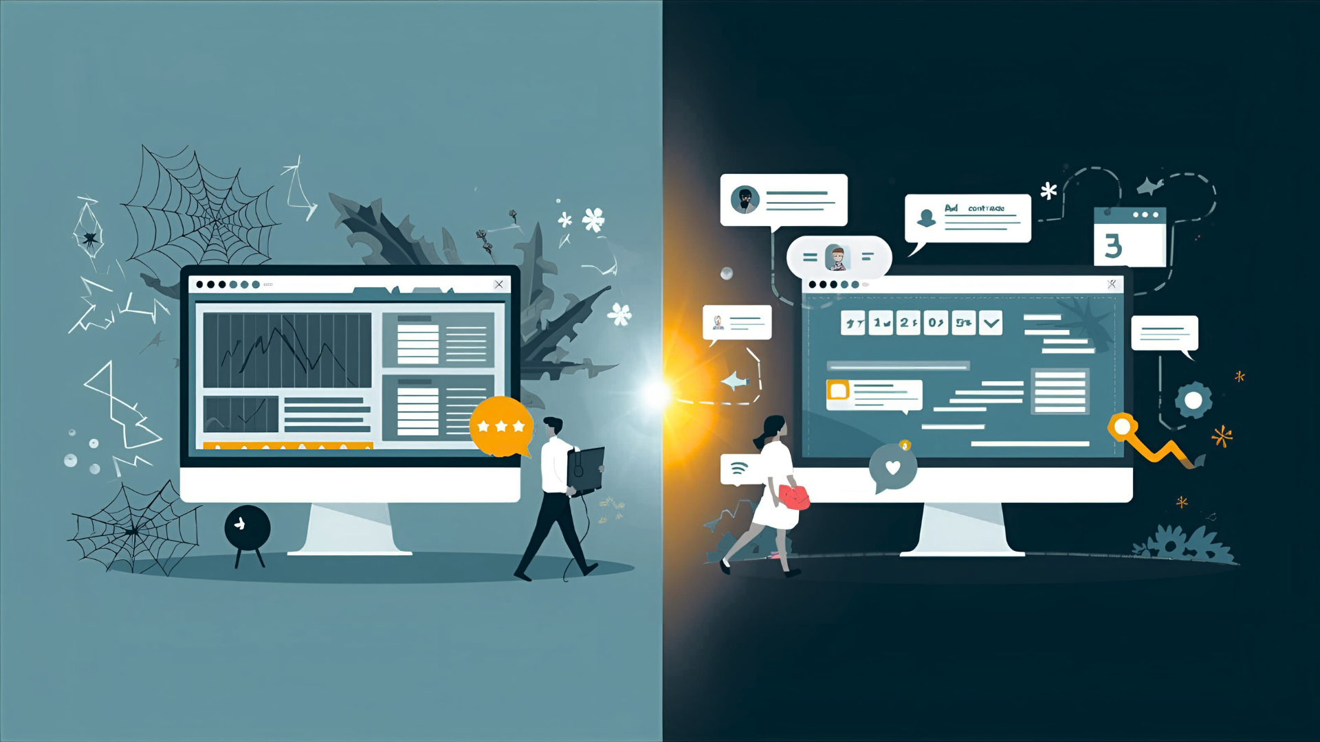 Split screen: Person walks towards data-filled screen, woman towards social media screen.