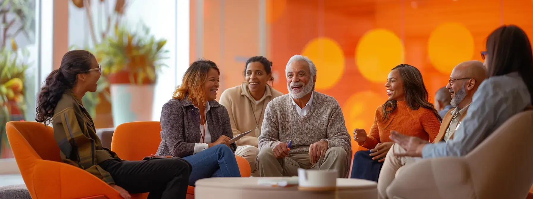 A group of people are sitting around a table in a living room.