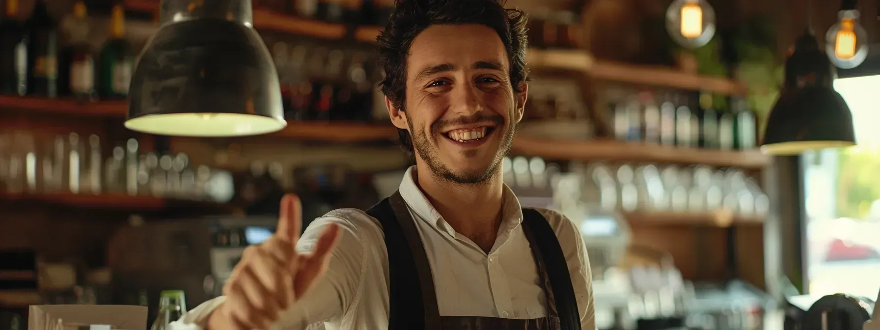 A man in an apron is giving a thumbs up in a restaurant.