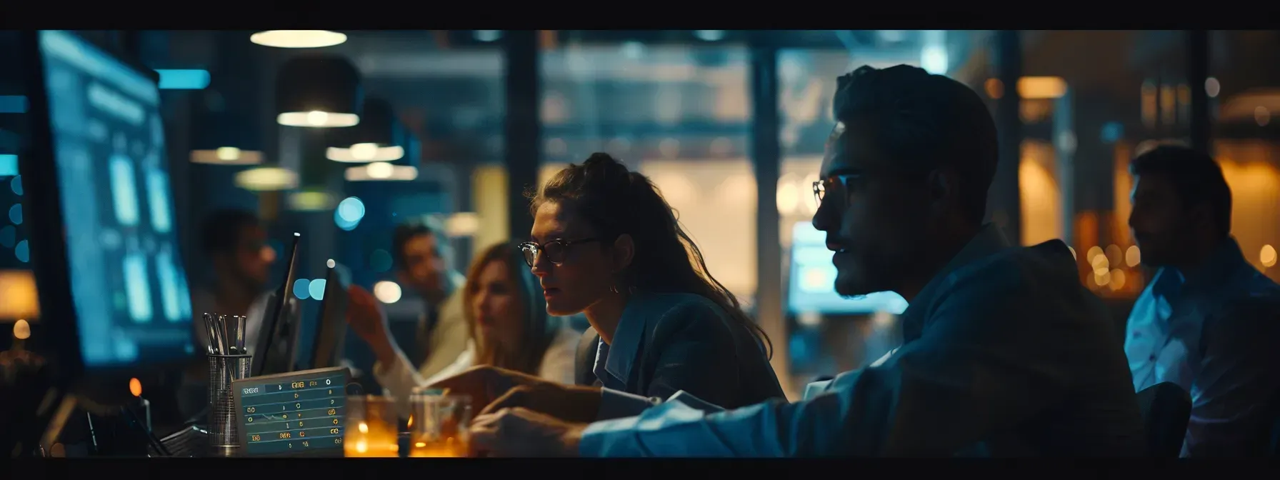 A group of people are sitting at a table looking at a computer screen.