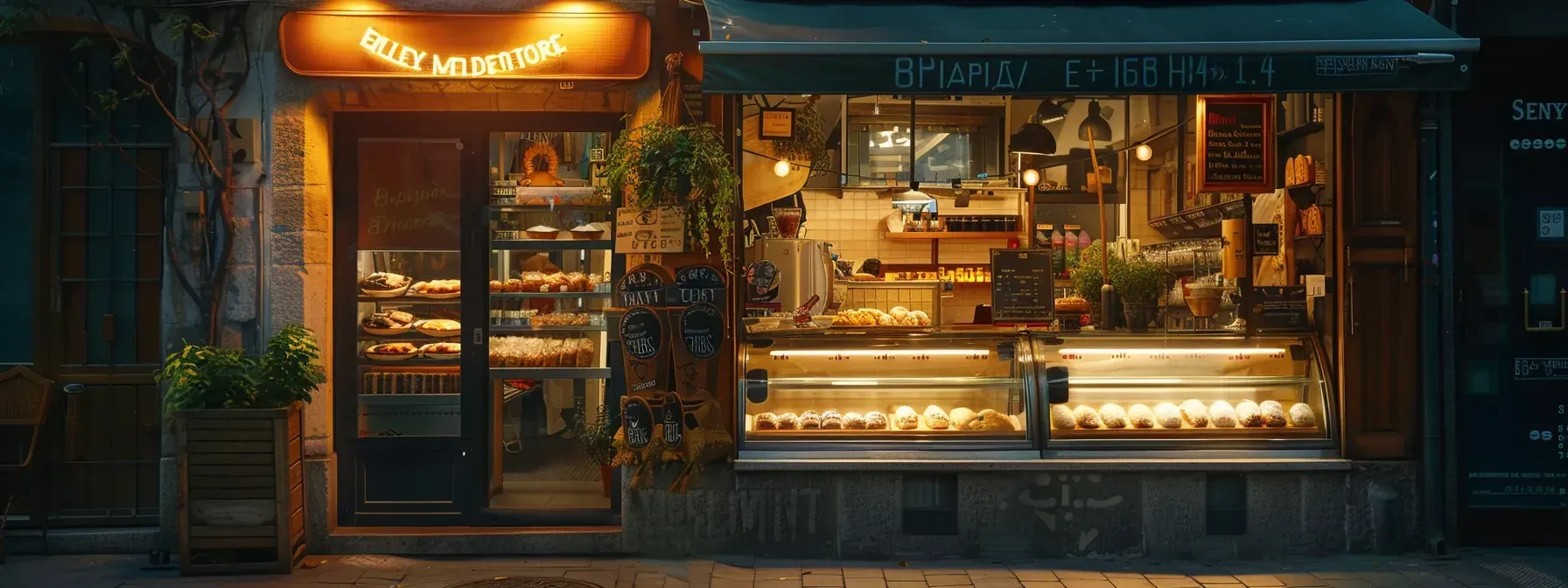 A bakery is lit up at night on a city street.