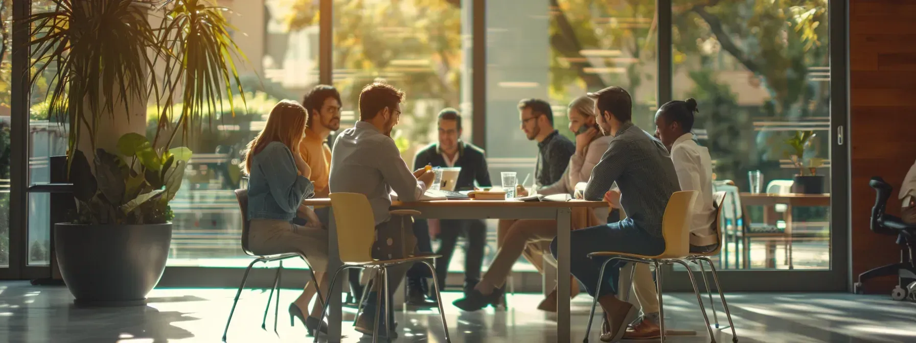 A group of people are sitting around a table having a meeting.