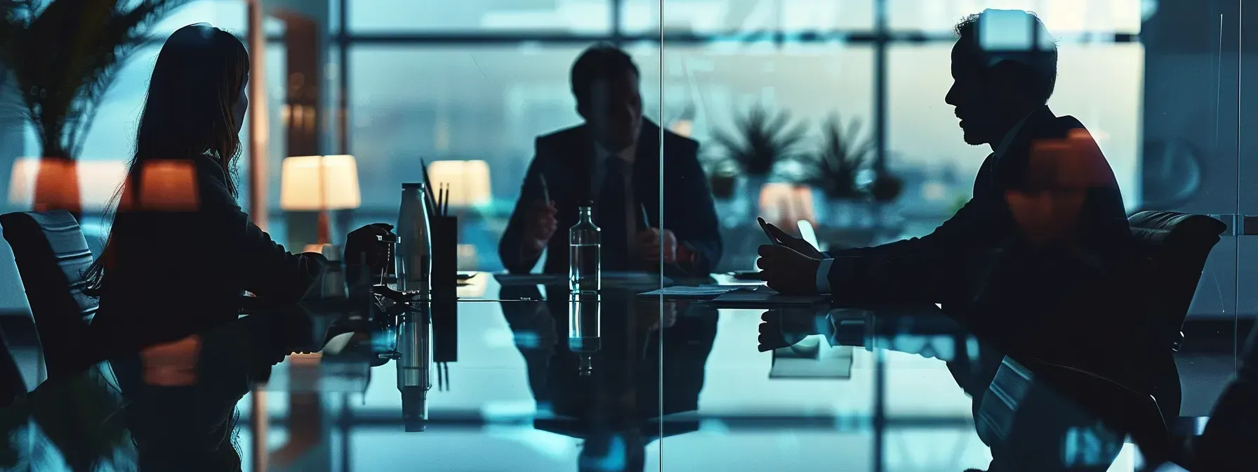 A group of people are sitting around a conference table in a conference room.