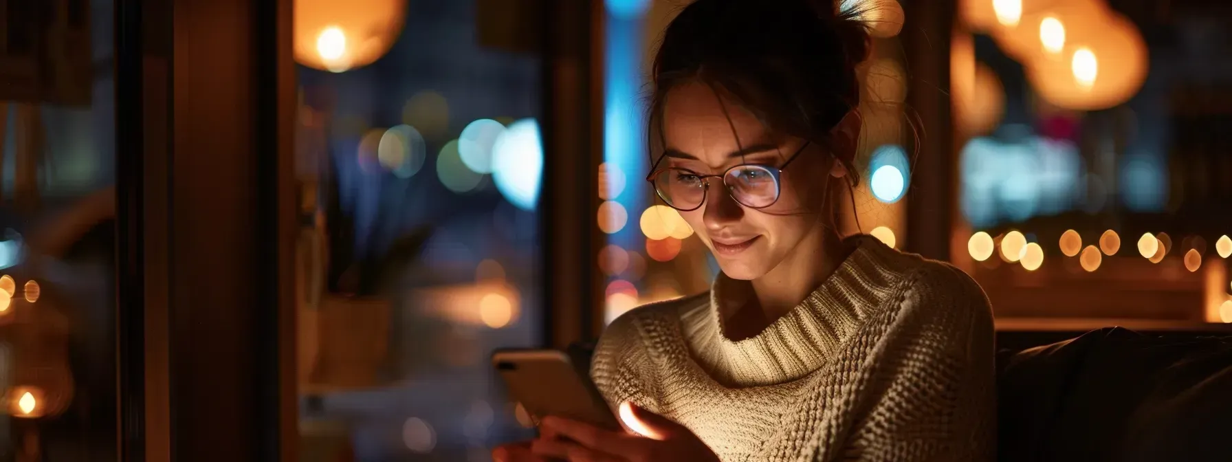 A woman is sitting in a dark room looking at her cell phone.