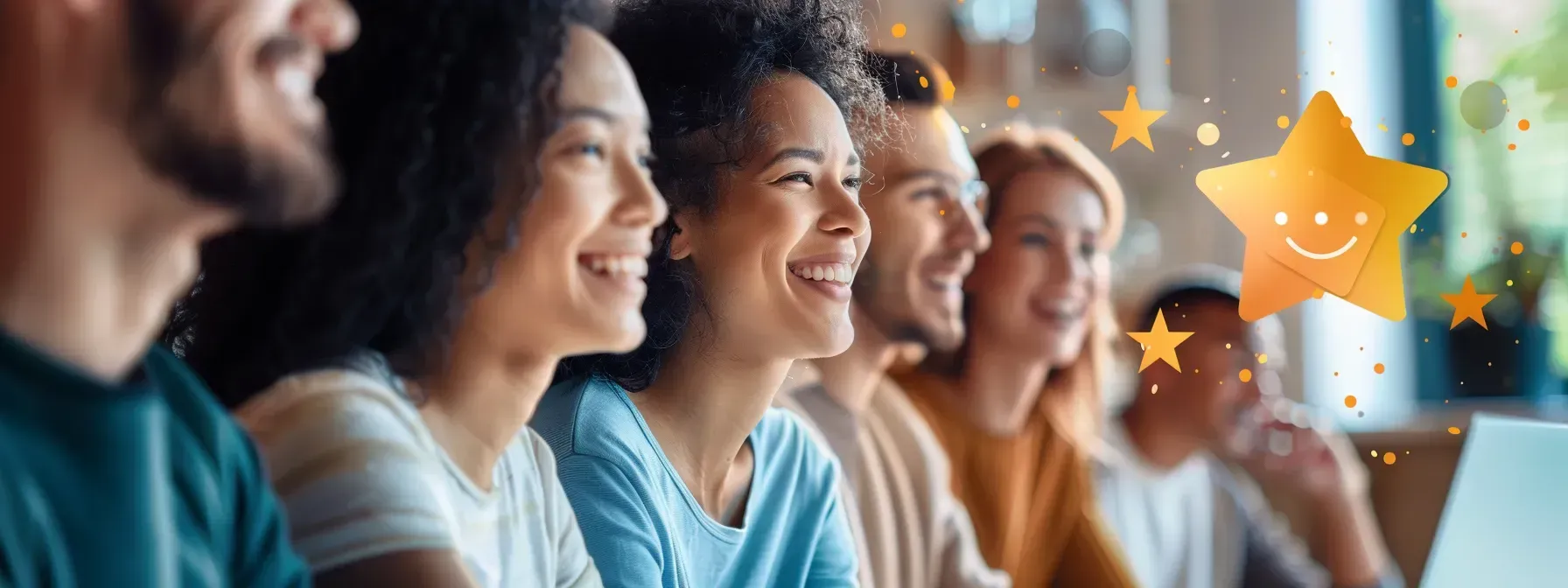 A group of people are sitting in a row and smiling.