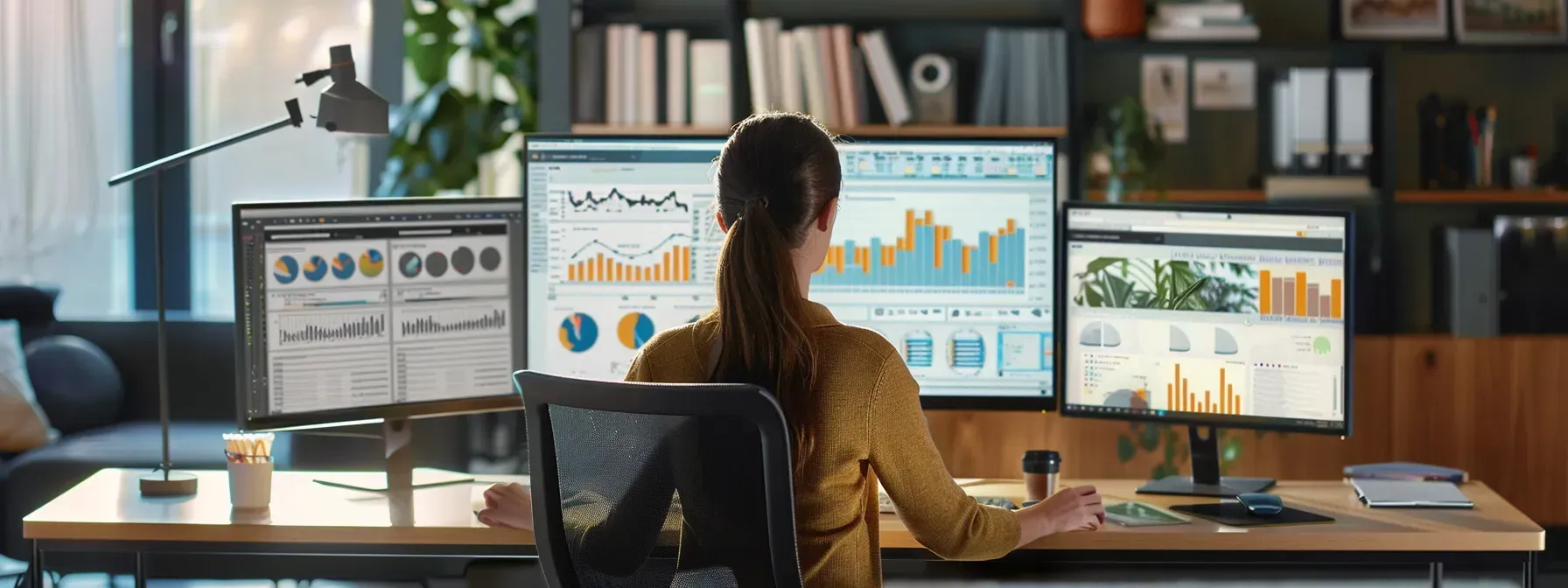 A woman is sitting at a desk in front of three computer monitors.