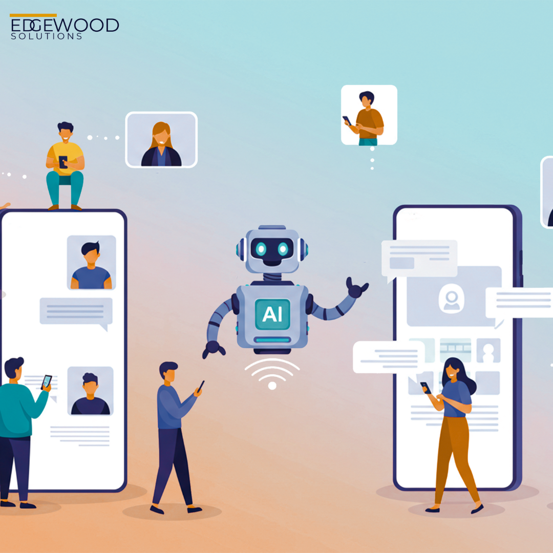 People interacting with smartphones, AI chatbot, and text bubbles against a gradient background.