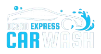 Logo for Ocean Express Car Wash featuring a stylized car outline and a blue water splash graphic.