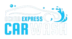 Logo for Ocean Express Car Wash featuring a stylized car outline and a blue water splash graphic.