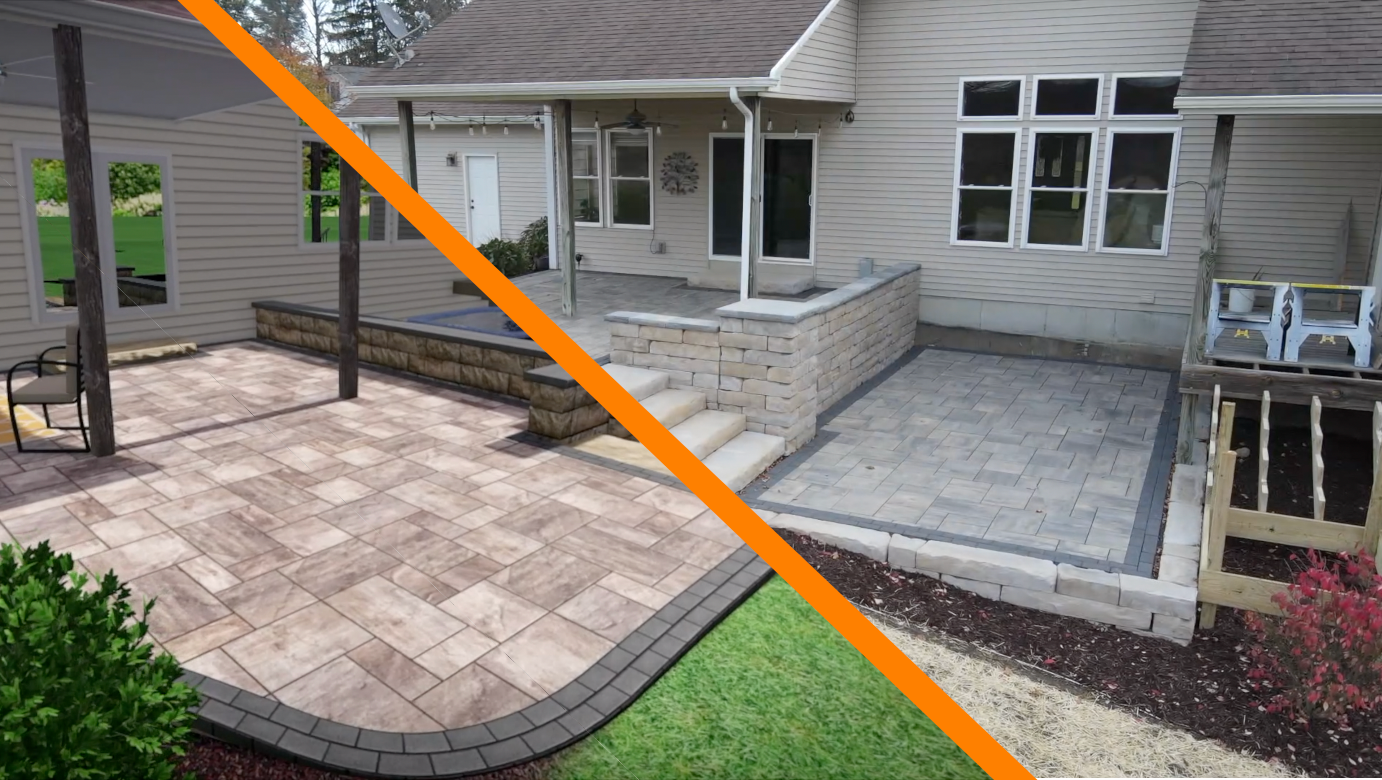 A before and after picture of a patio and a house.