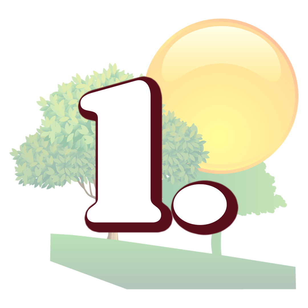 The number 1 is surrounded by trees and a sun