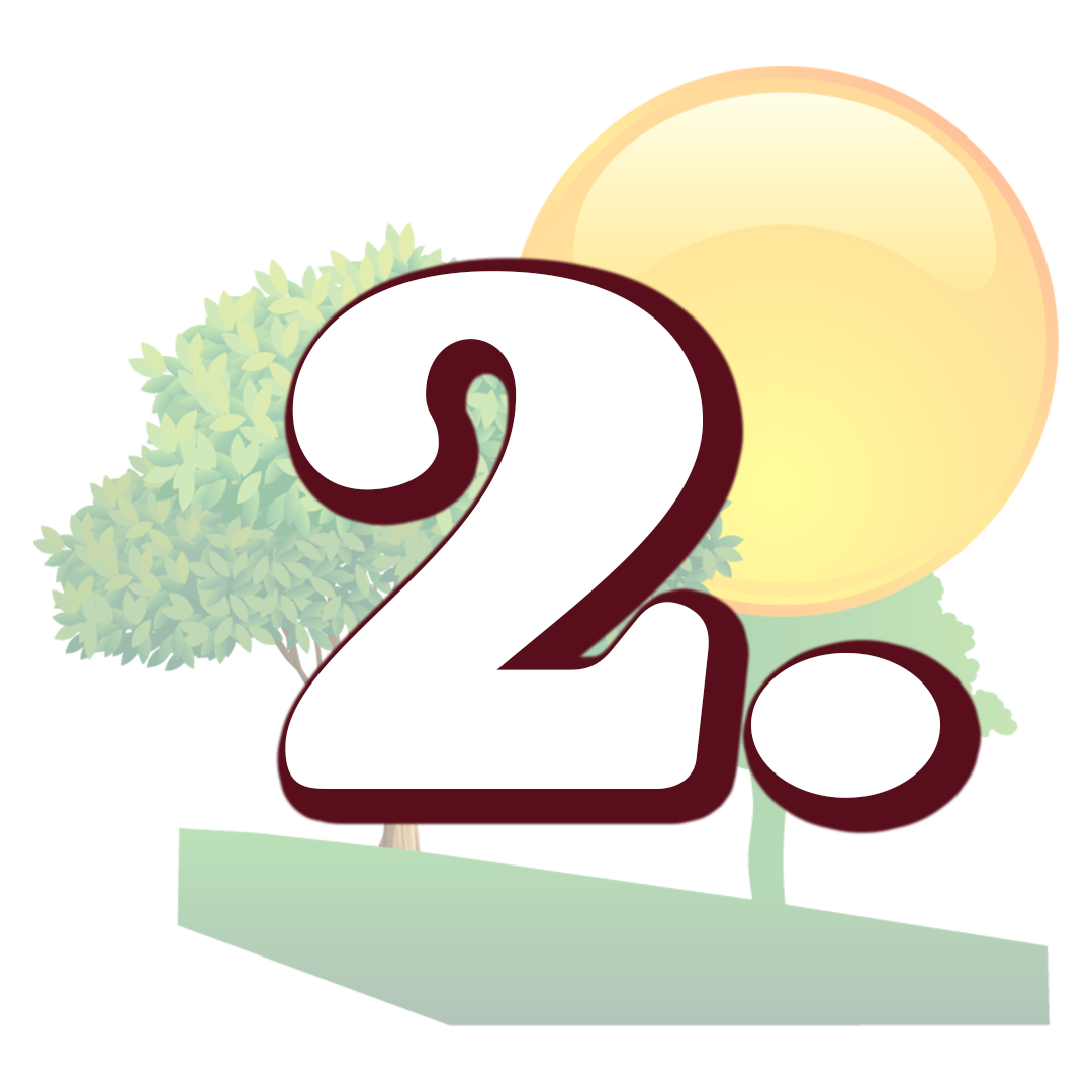 The number 2 is surrounded by trees and a sun