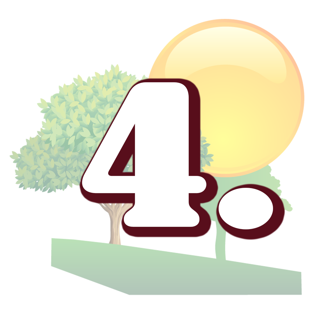 The number 4 is surrounded by trees and a sun