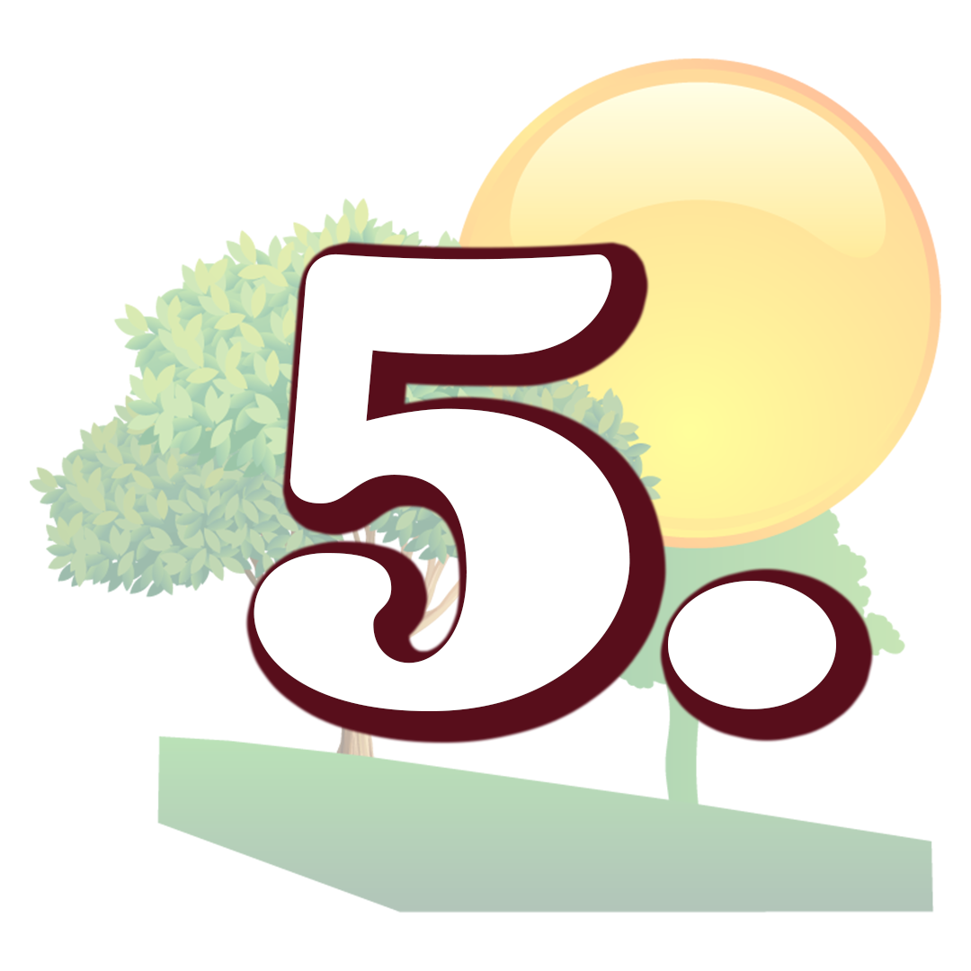 The number 5 is surrounded by trees and a sun