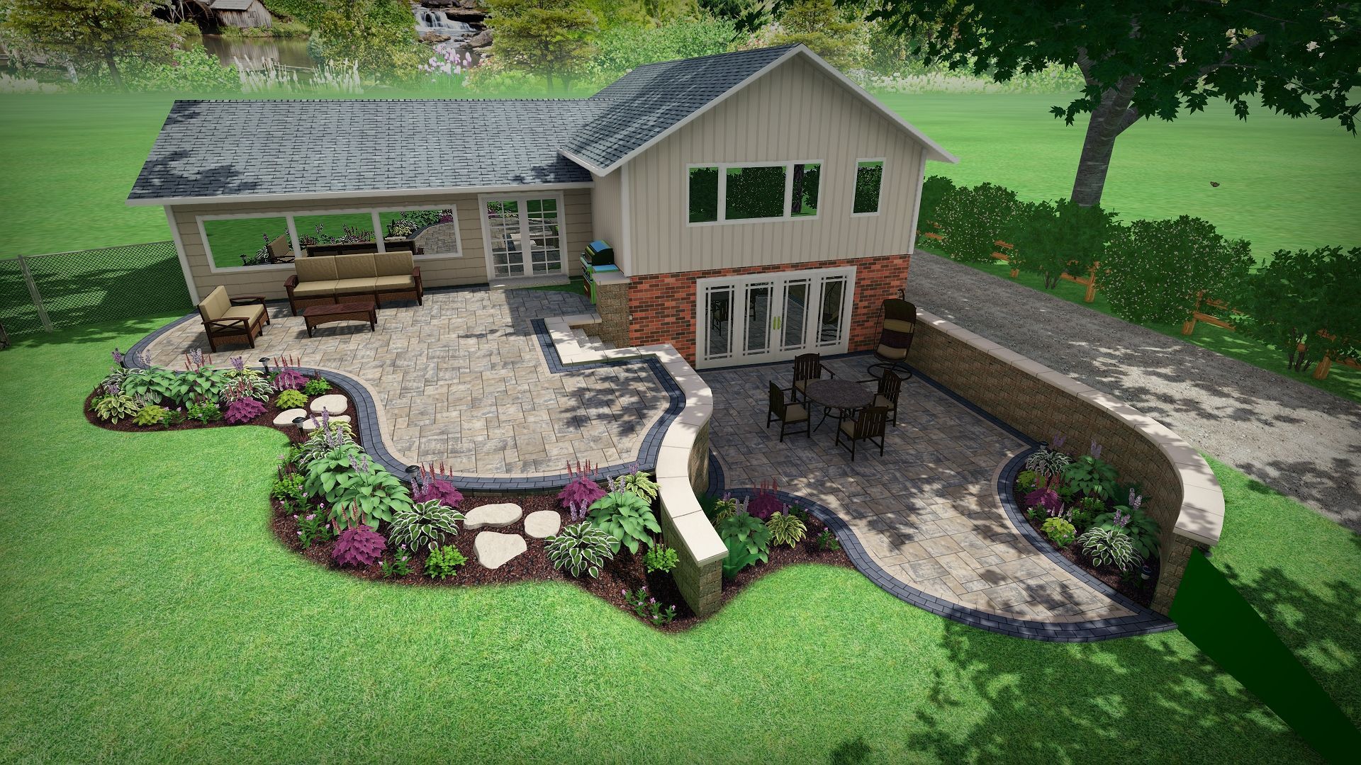 An aerial view of a house with a patio in front of it.