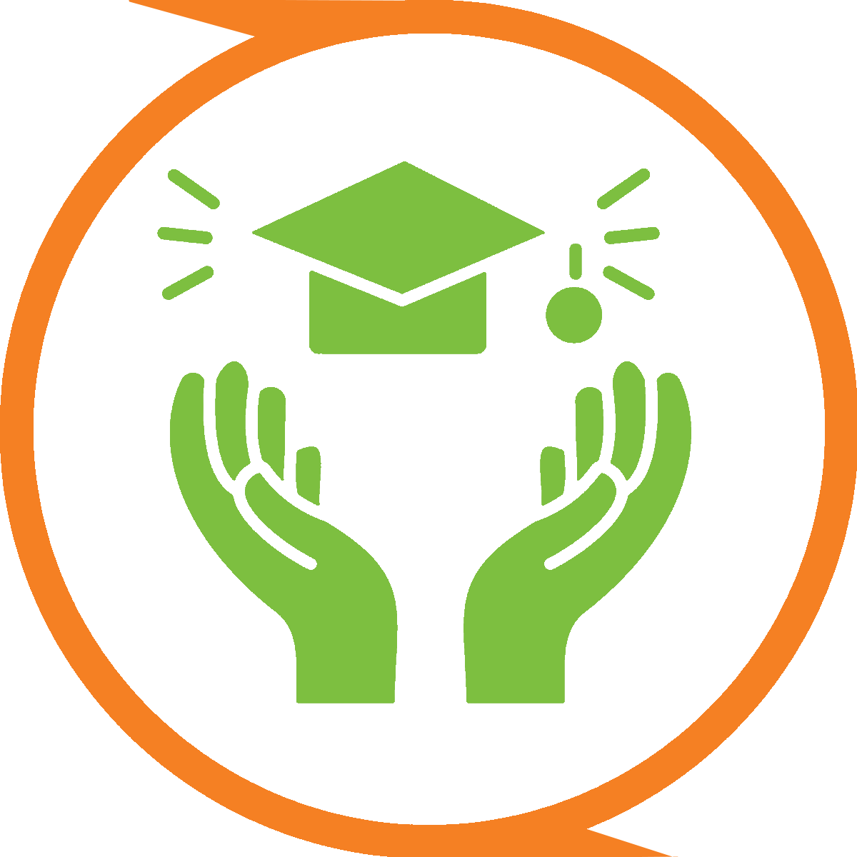 A green icon of two hands holding a graduation cap.