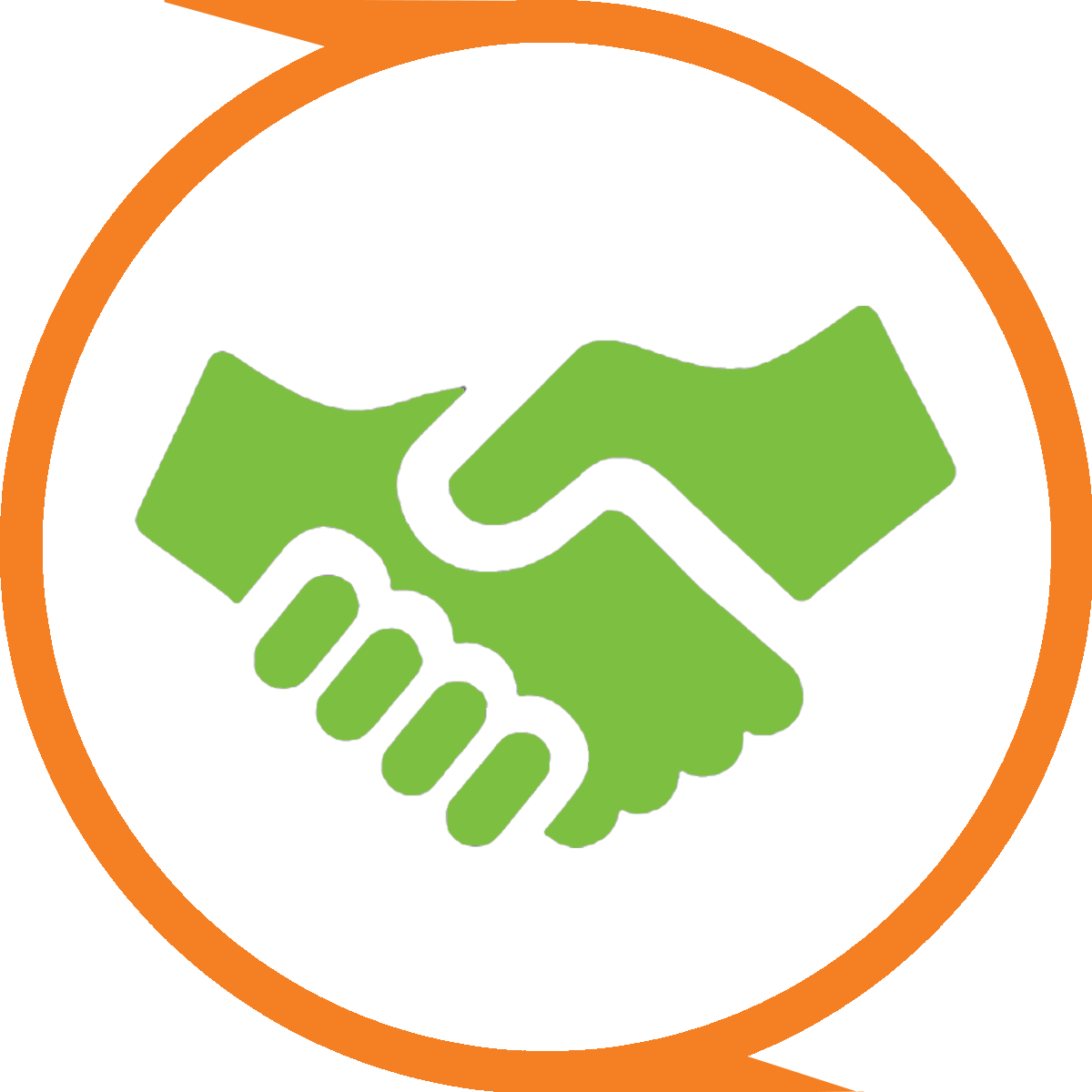 A green handshake icon in an orange circle.