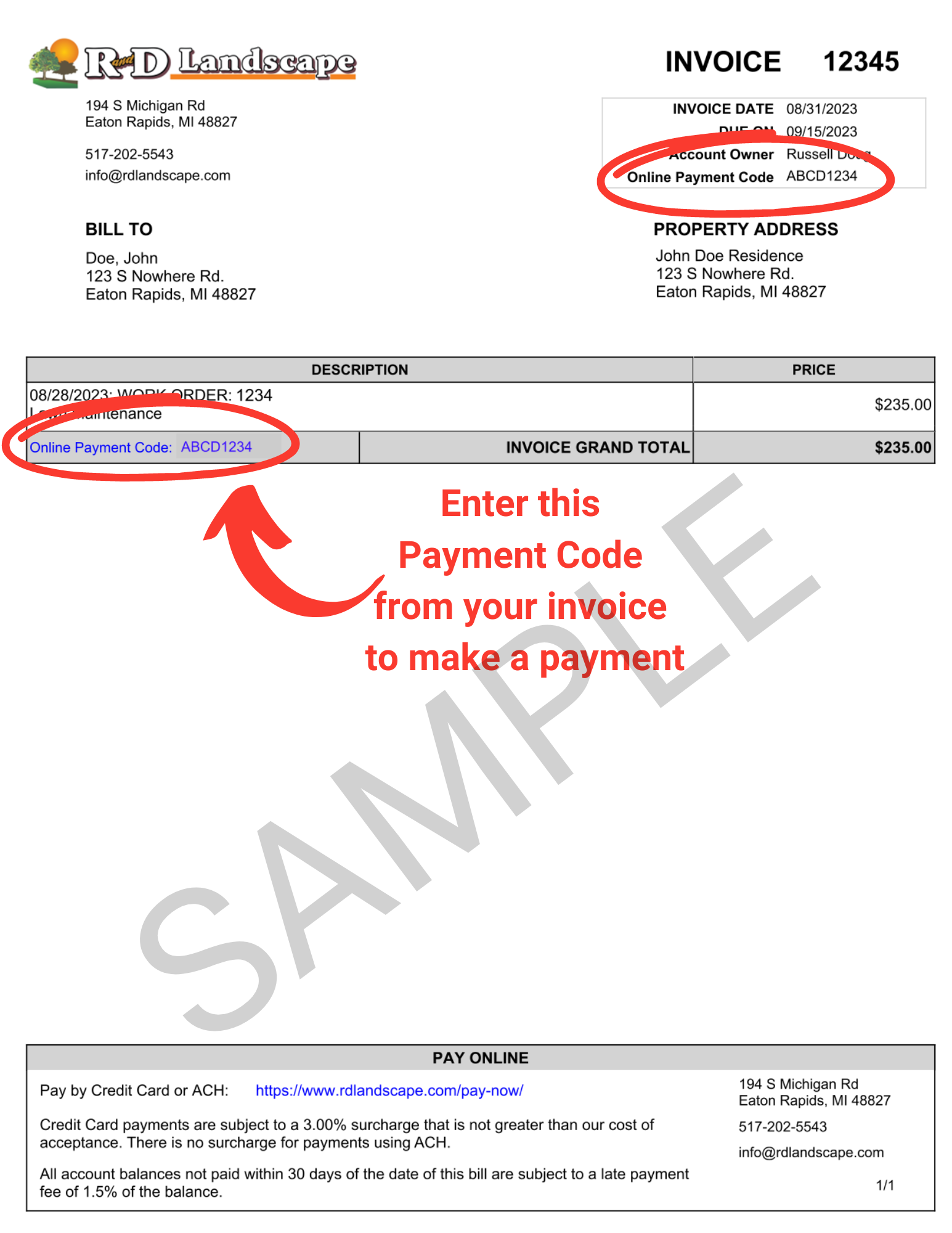 A sample of an invoice with an arrow pointing to the payment code from your invoice to make a payment.