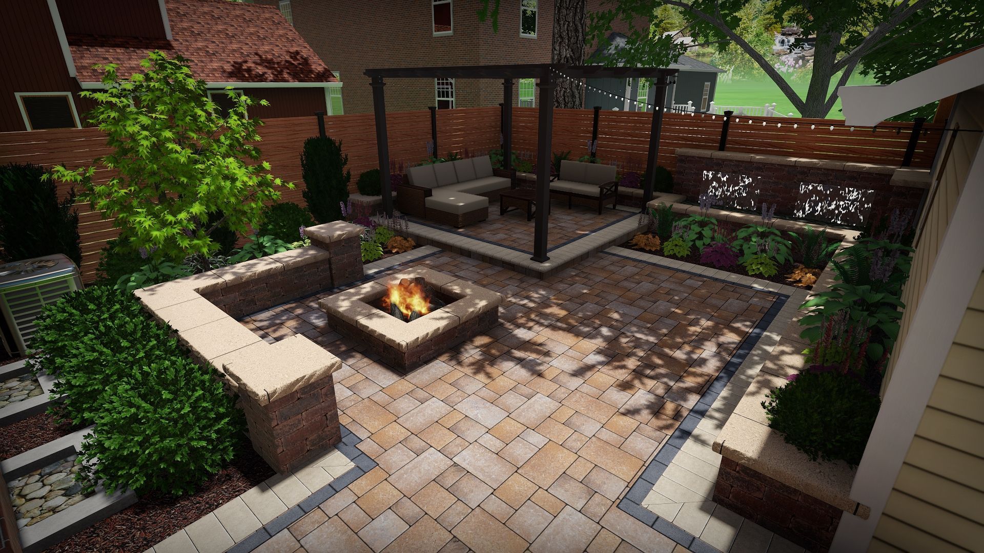 There is a fire pit in the middle of the patio.