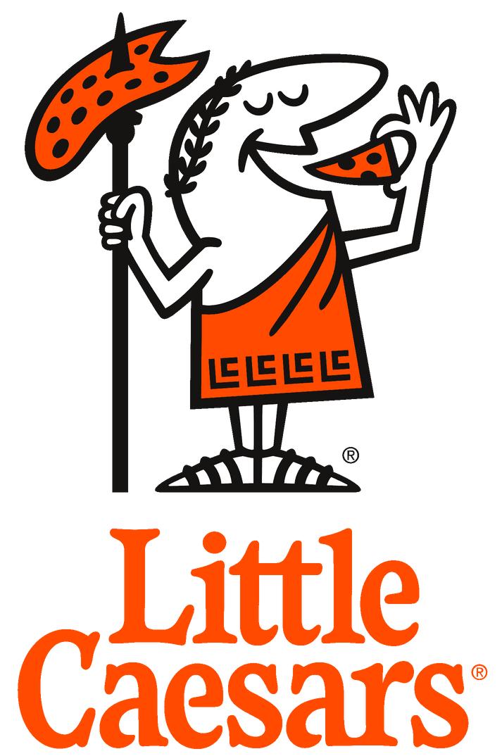 A little caesars logo with a man eating pizza