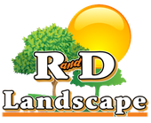 A logo for r and d landscape with trees and a sun