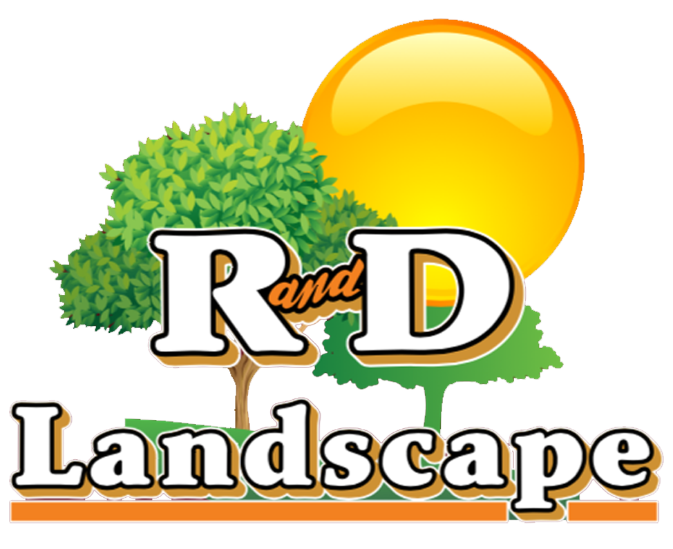 A logo for r and d landscape with trees and a sun