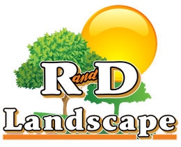 A logo for r and d landscape with trees and a sun