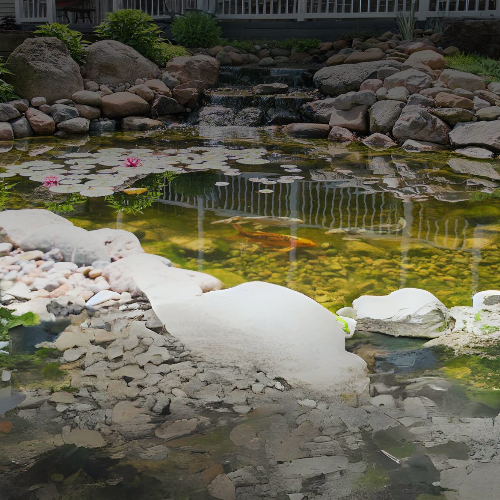 A pond with rocks and lily pads in it