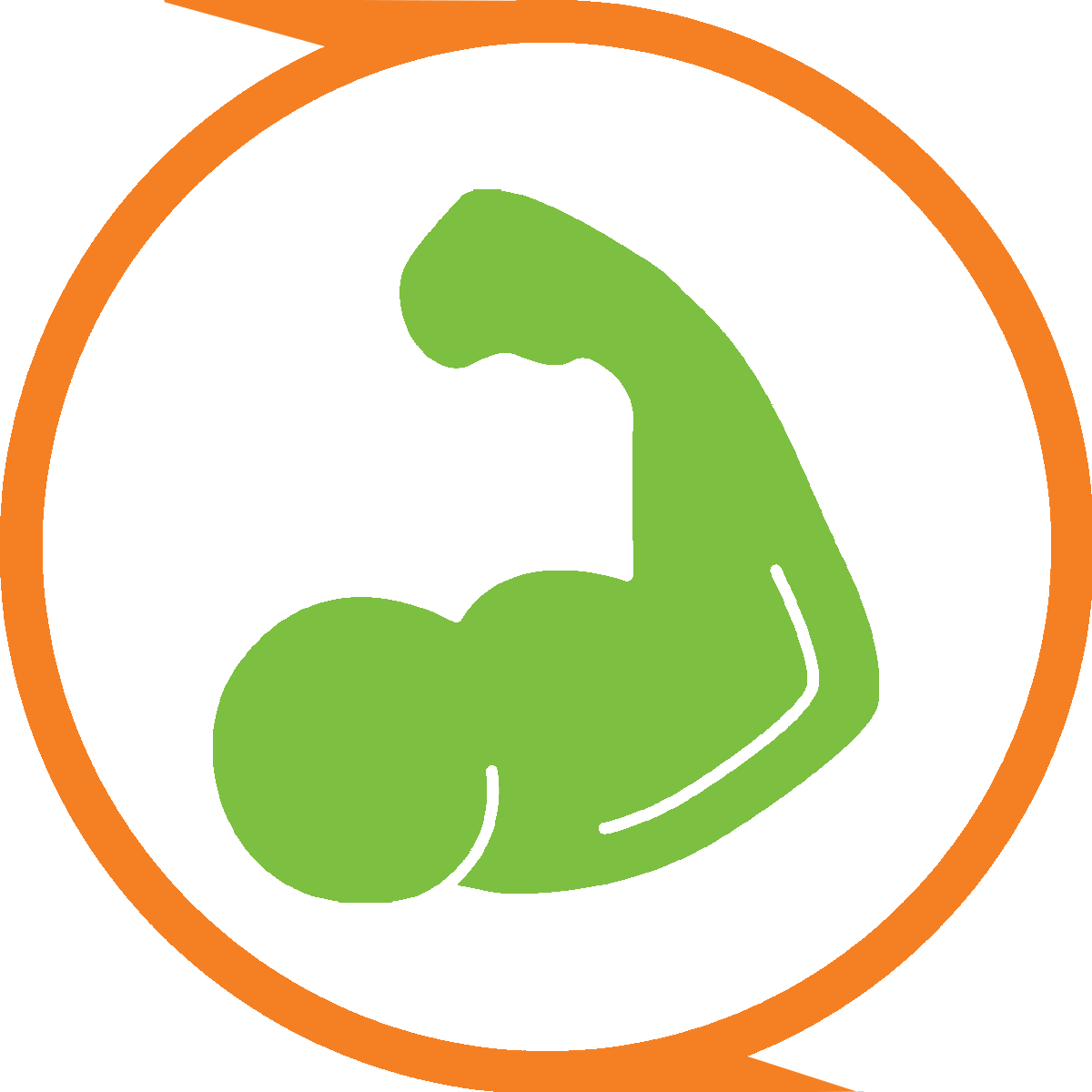 A green icon of a muscular arm in an orange circle.