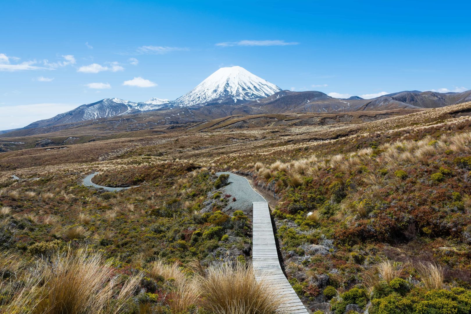 Walking track leading towards Mount Ruapehu in Tongariro National Park
