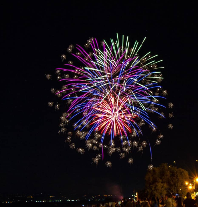 Uno spettacolo pirotecnico si staglia contro un cielo scuro; colori vivaci si stagliano su una costa lontana.