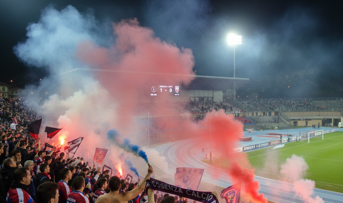 Tifosi di calcio in uno stadio, con razzi e bandiere in mano, che producono fumo rosso e blu durante una partita notturna.