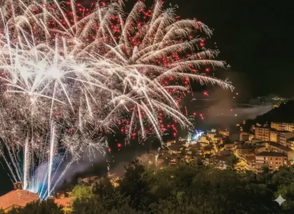 Fuochi d'artificio che esplodono di notte su una piccola città, con esplosioni rosse e bianche.