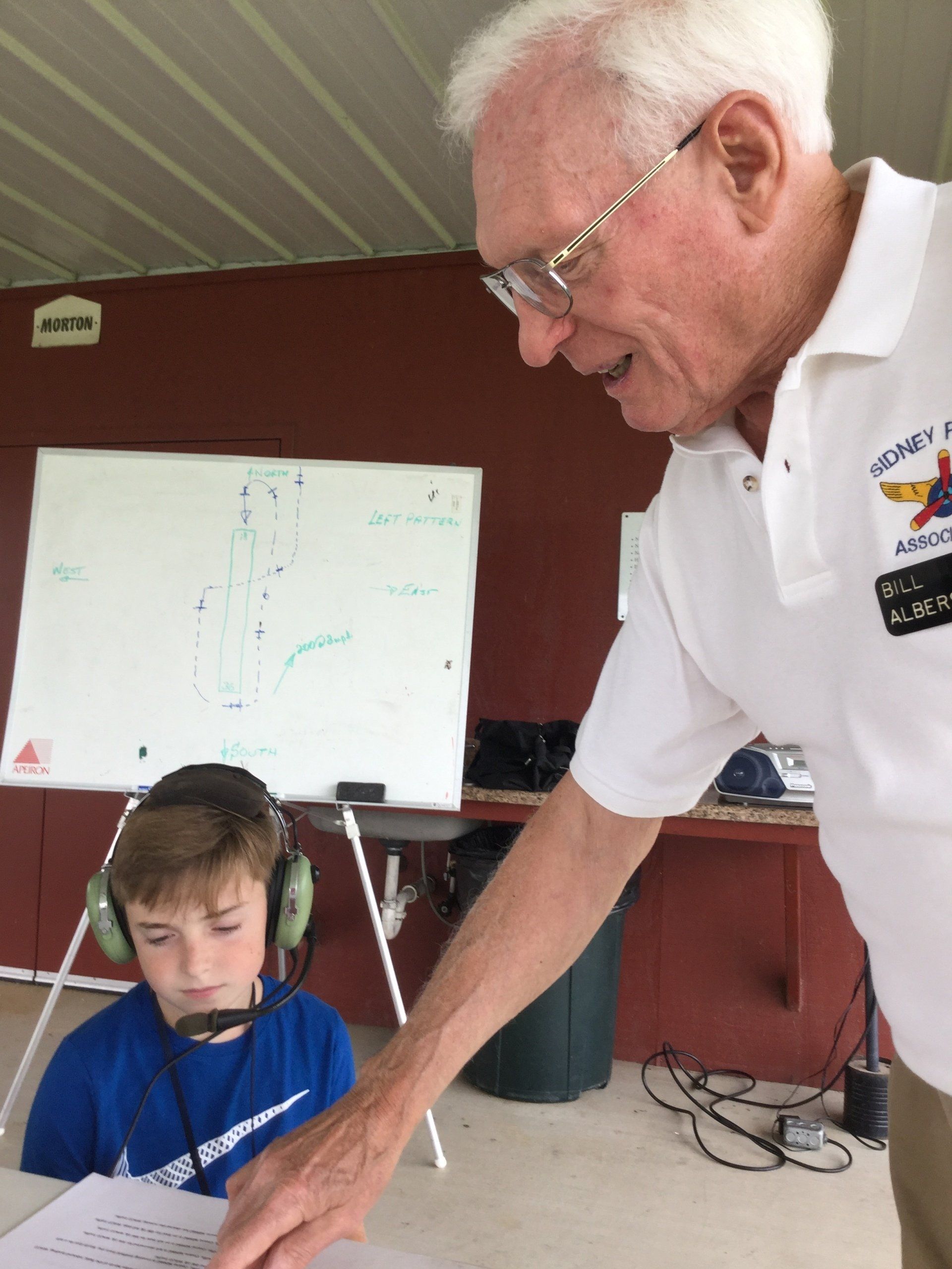 A man in a white shirt with the word aviation on it